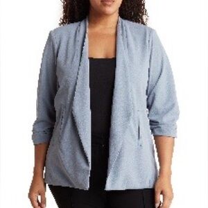 Tahari Mid Steel Blue Open-Front Blazer With Ruched Sleeves